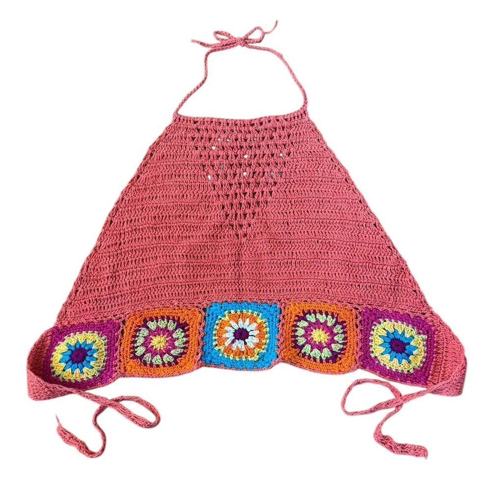 GRANNY SQUARE Knit Crochet Crop Top Boho Hippie Retro Beach Summer Size M/L - Picture 2 of 9
